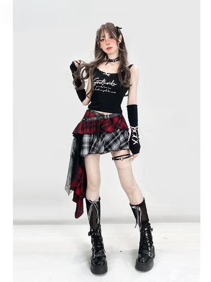 Clearance-Size M for Waist 76CM Y2K Red Plaid Asymmetrical Hem Tiered Punk Glamorous Skirt