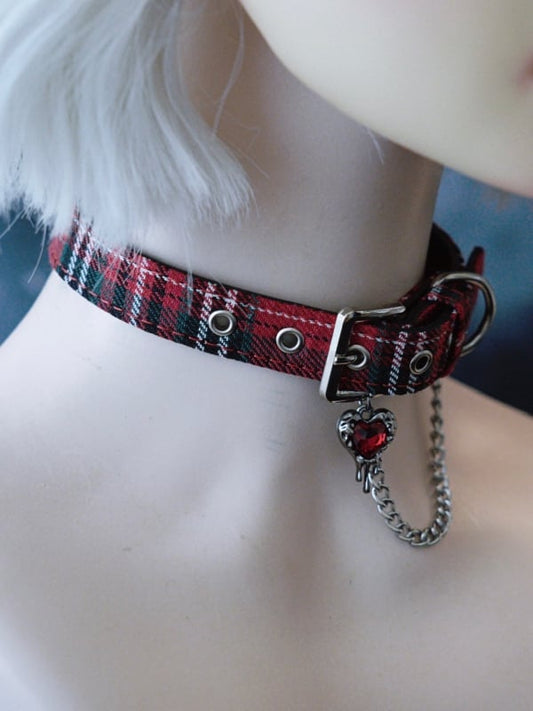 Red&Green Gothic Rhinestone Heart And Chain Pendant Plaid Choker