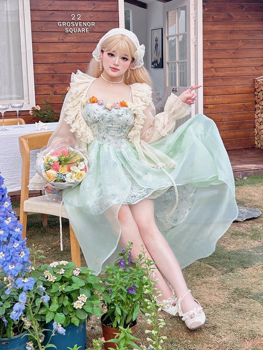 Plus Size Lace Trim Beige Self-tie Straps Long Sleeves Top