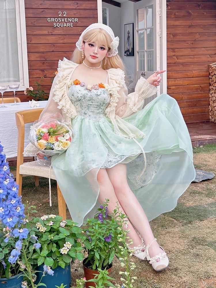 Plus Size Basque Waist Green Summer Floral Dress High-low Skirt