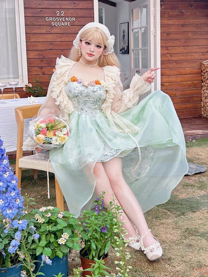 Plus Size Basque Waist Green Summer Floral Dress High-low Skirt