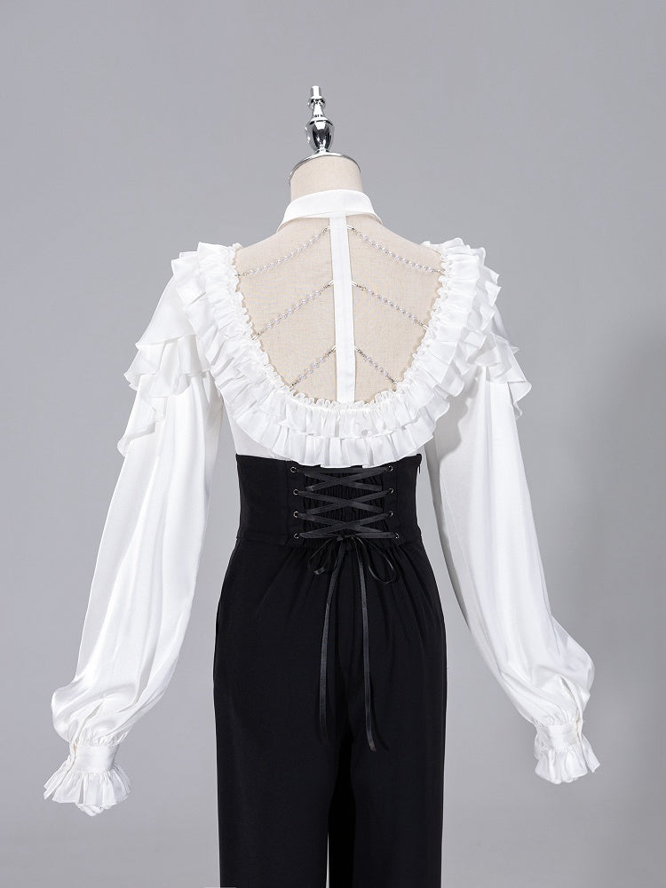 All White Cascading Ruffles V-neck Long Sleeves Backless Shirt with Bead Chains