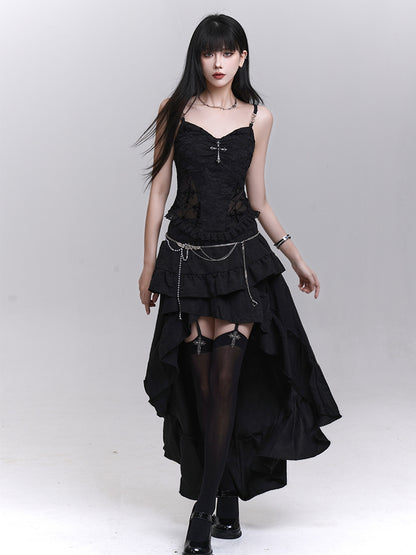 Black Lace Patches Waist Cross Decorated Cami Top with Beaded Chains