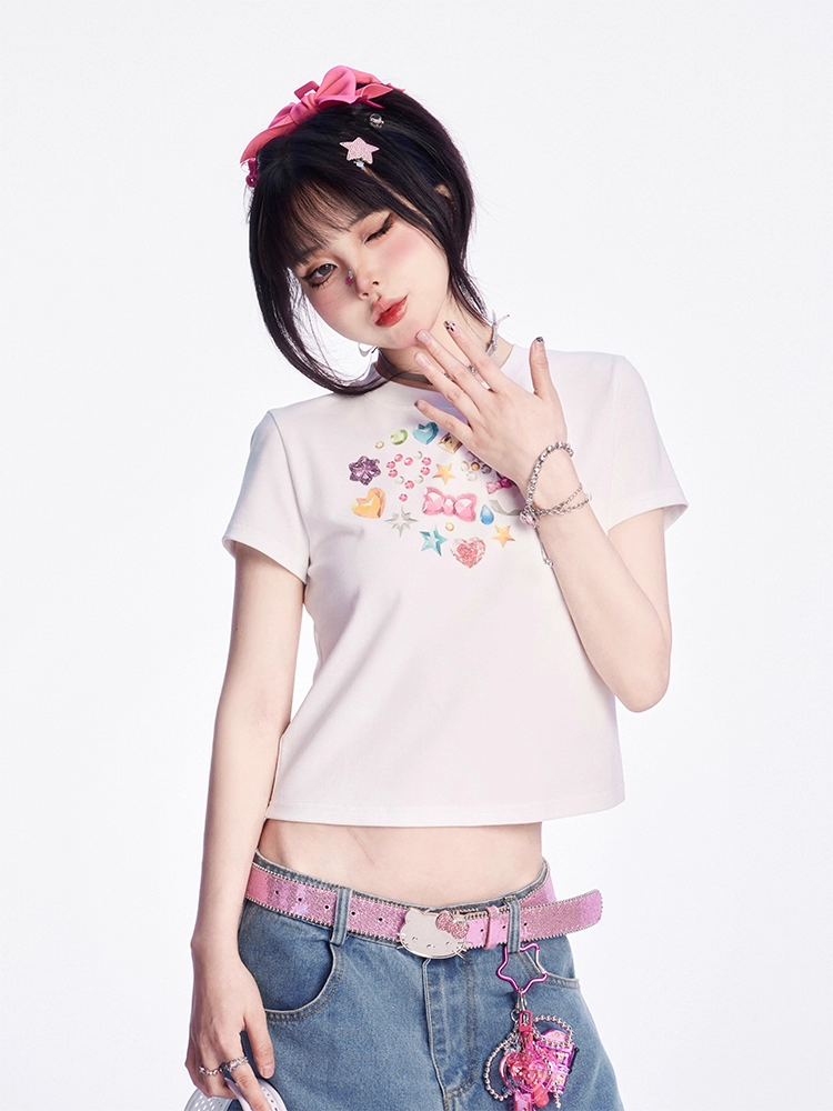 Adorable Print White Round Neck Slim Fit T-shirt