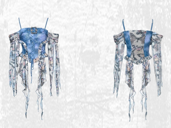 Grunge Punk Rock Fairycore Blue Butterflies Print Mesh Patchwork Design PU Top Flounce Hem