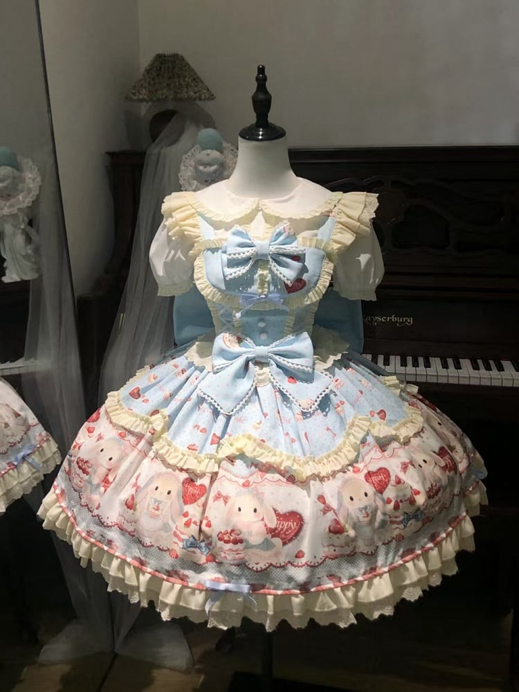 Cute Bunny and Strawberry Cake Print Blue Dress Sweet Lolita JSK / Full Set