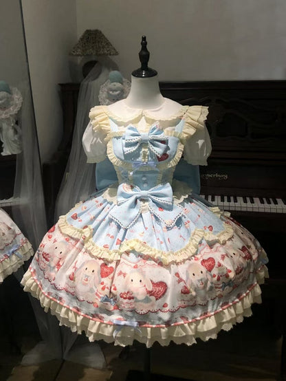 Cute Bunny and Strawberry Cake Print Blue Dress Sweet Lolita JSK / Full Set