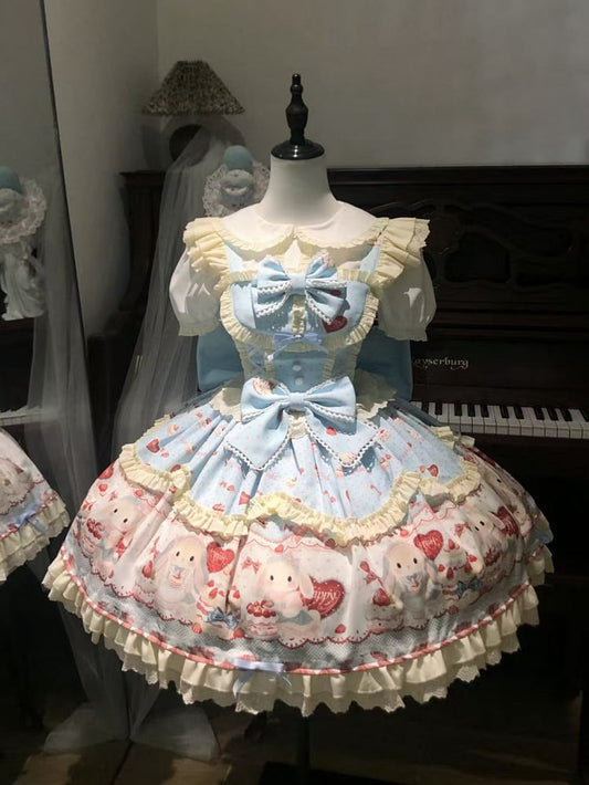 Cute Bunny and Strawberry Cake Print Blue Dress Sweet Lolita JSK / Full Set