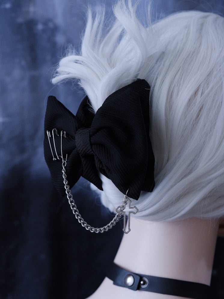 Gothic Cross Chain Decorated Black Bow Claw Clip