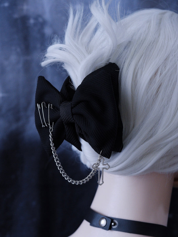 Gothic Cross Chain Decorated Black Bow Claw Clip