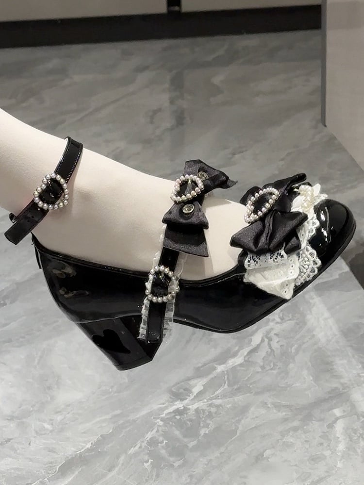 Black Bow at Top Heart Cut-out Heels Mary Janes