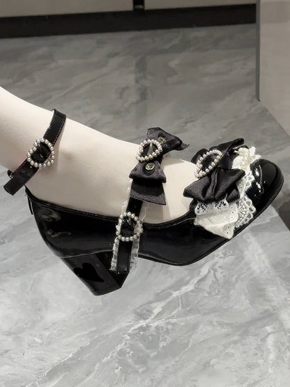 Black Bow at Top Heart Cut-out Heels Mary Janes
