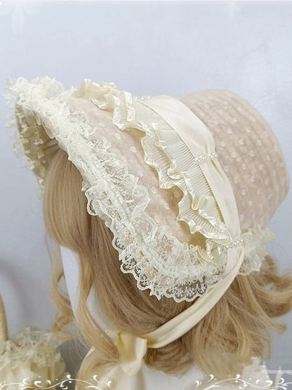 Polka-dot Pattern Beige Lace Trim Bonnet / Tote Bag