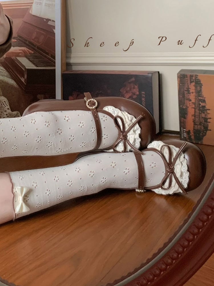 Dark Brown Knotted Bow Accent Lace Trim 2.2CM Heels Round Toe Mary Janes