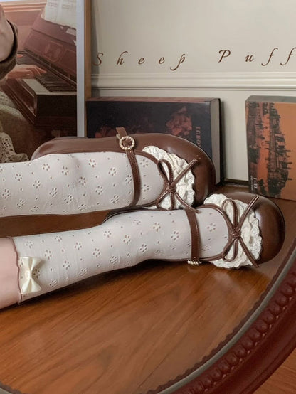 Dark Brown Knotted Bow Accent Lace Trim 2.2CM Heels Round Toe Mary Janes