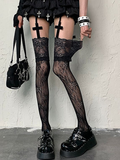 Gyaru Fashion Black Floral Pattern Lace Trim Y2K Overknee Stockings
