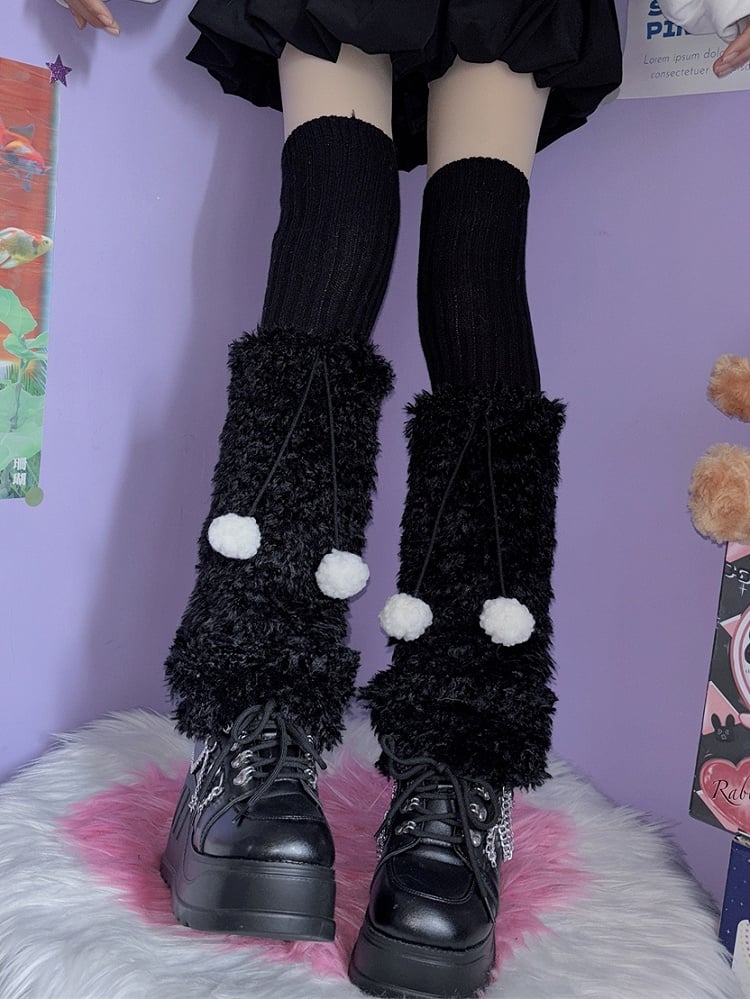 4 Color Options Y2K Pompons Knitted Plush Leg Warmers