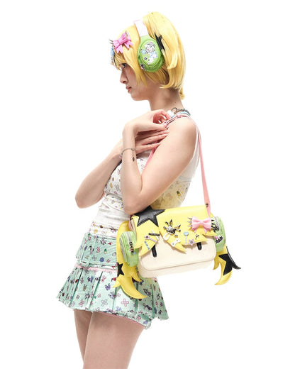 Yellow Headphone Girl PU Crossbody Tote Bag