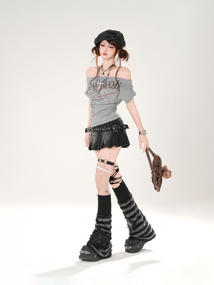 Off-the-shoulder Neckline Letter Print Gray/Navy Blue Slim-fitting T-shirt