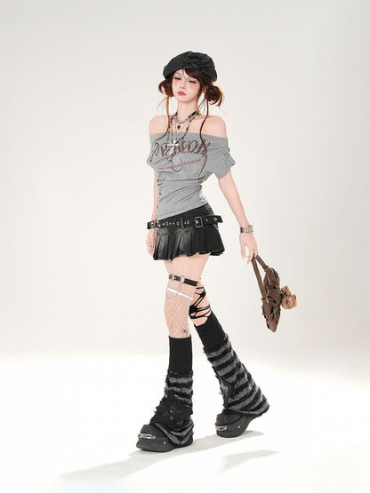 Off-the-shoulder Neckline Letter Print Gray/Navy Blue Slim-fitting T-shirt