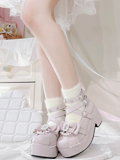 Jirai Kei Matte Pink Beaded And Rhinestone Decorated Bow at Top Platform High Block Heels
