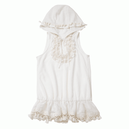 Beige Bohemian Tassel Hem Tiered Ruffles Self-tie Keyhole Neckline Hooded Sleeveless Top