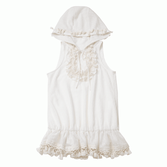 Beige Bohemian Tassel Hem Tiered Ruffles Self-tie Keyhole Neckline Hooded Sleeveless Top