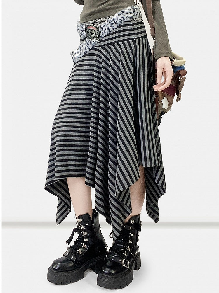 Black Y2K Striped Pattern Handkerchief Hem