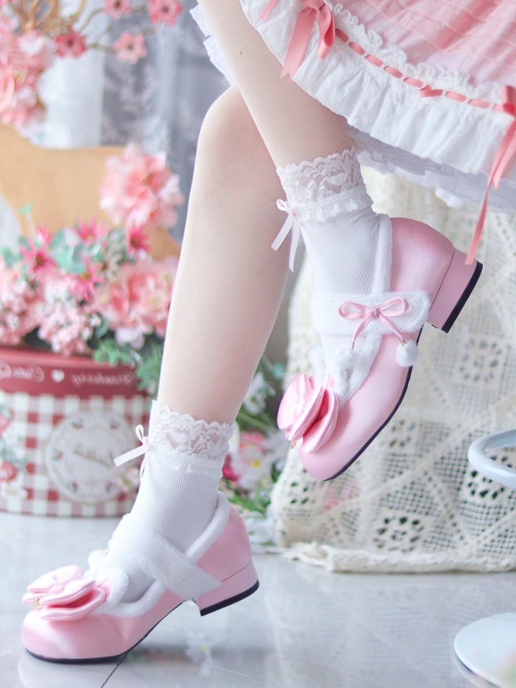 Pink Sweet Lolita Heart Charm Plush Bunny Ear Bow at Top Round Toe Shoes