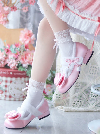 Pink Sweet Lolita Heart Charm Plush Bunny Ear Bow at Top Round Toe Shoes