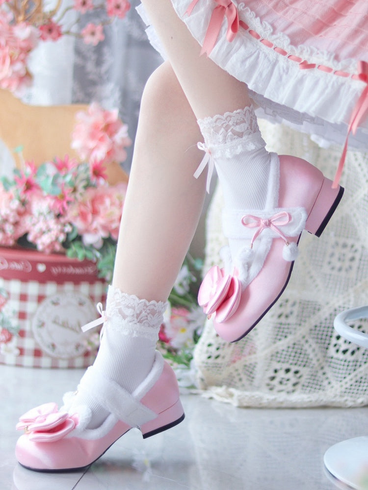 Pink Sweet Lolita Heart Charm Plush Bunny Ear Bow at Top Round Toe Shoes
