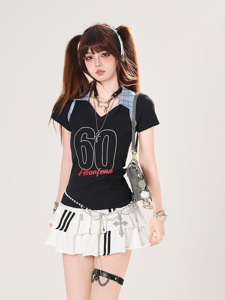 Plaid Polo Collar Number Print Black/Navy Blue Slim-fitting T-shirt