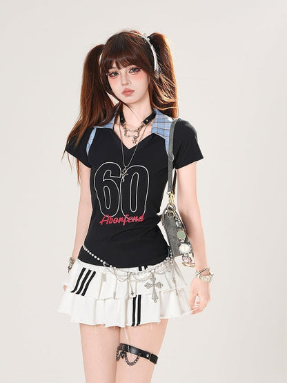 Plaid Polo Collar Number Print Black/Navy Blue Slim-fitting T-shirt