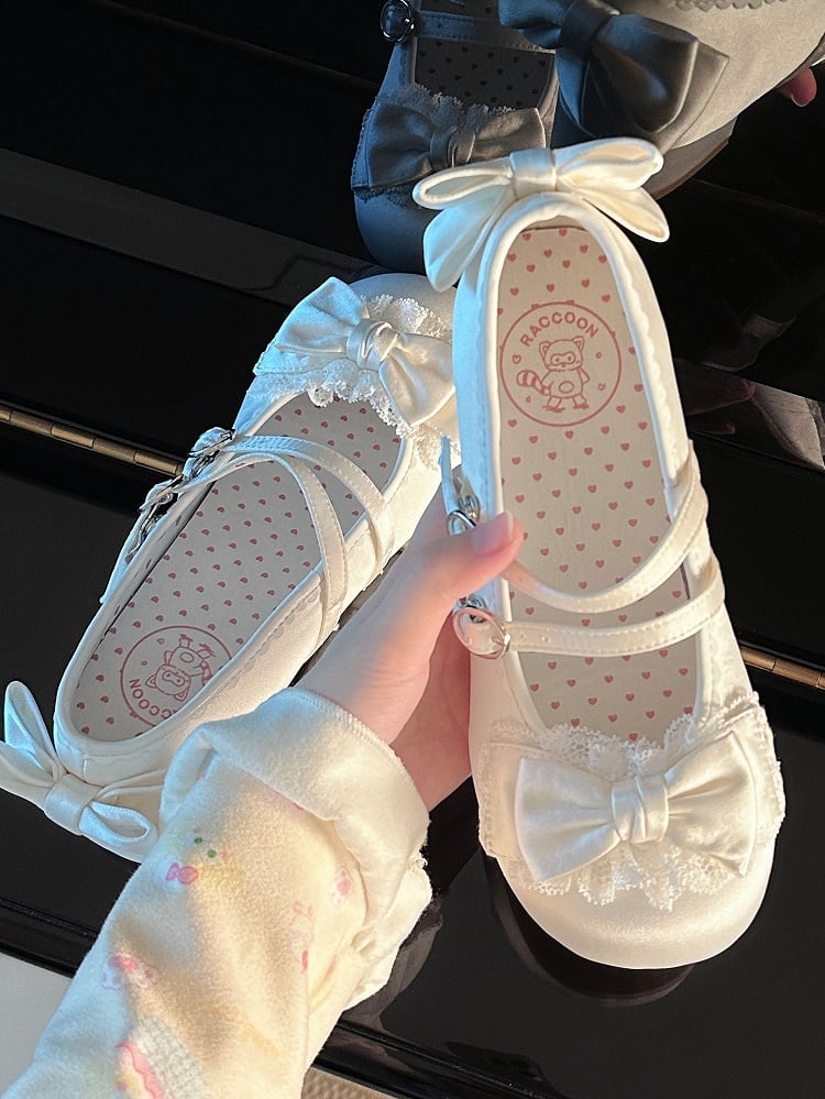 Satin-Finish PU White Sweet Lolita Mary Janes - Ruffled Lace with Bow & Double Buckles