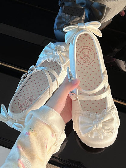 Satin-Finish PU White Sweet Lolita Mary Janes - Ruffled Lace with Bow & Double Buckles