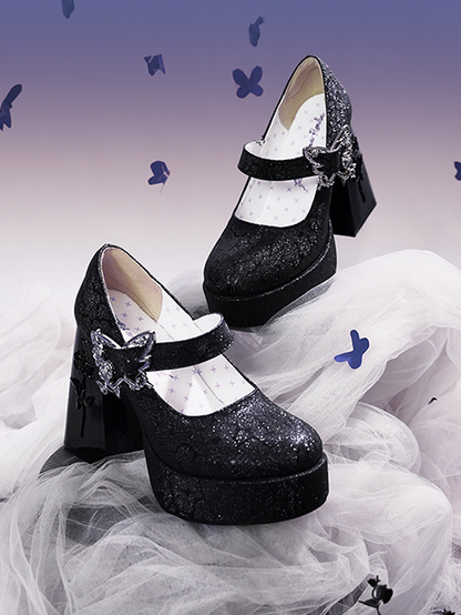 Black Butterfly Buckle 11cm Floral High Block Heel Platform Mary Janes