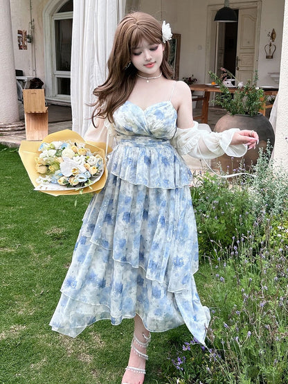 Plus Size Blue High Waist Floral Summer Holiday Dress