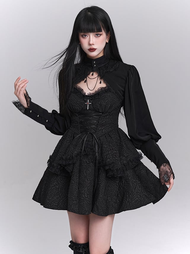 Black Sweetheart Neckline Lace-up Front Tiered Skirt Gothic Sleeveless Dress
