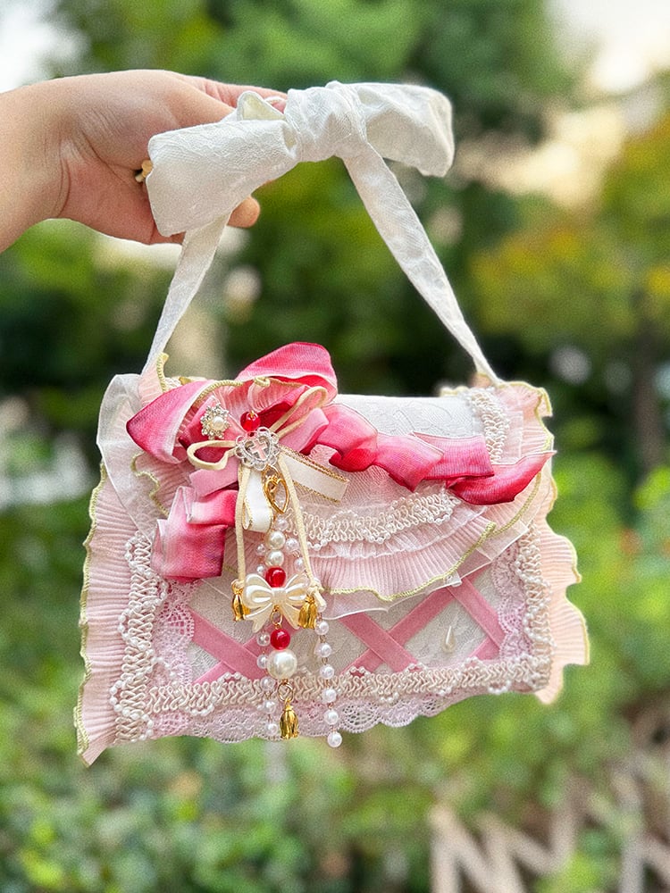 Light Pink Bow Accent Strawberry Charm Sweet Lolita Bag with Silver-toned Chain Strap