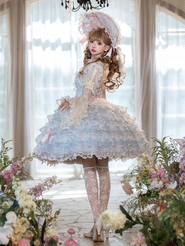 Blue and Pink Bow Accents Tiered Skirt Hanayome Hime Lolita Jumper Skirt