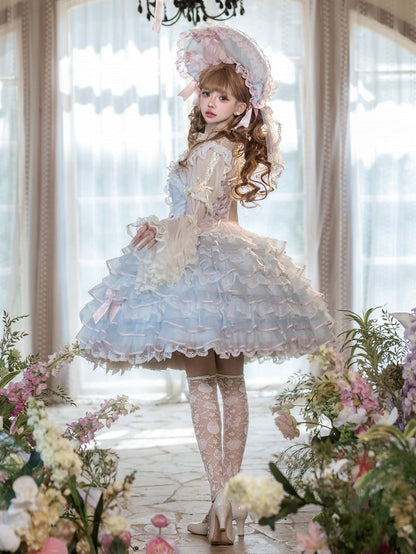 Blue and Pink Bow Accents Tiered Skirt Hanayome Hime Lolita Jumper Skirt