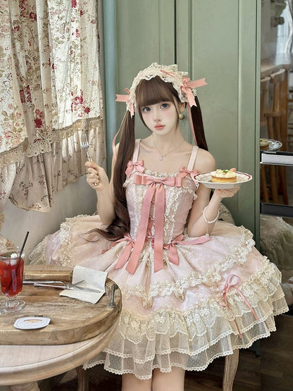 Pink Balletcore Lolita Dress Bowknots Decorated Sweet Jumper Skirt