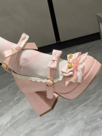 Sweet Lolita Pink Mary Janes - 8cm High Block Heel with Layered Lace, Bow Accents & Heart Buckle