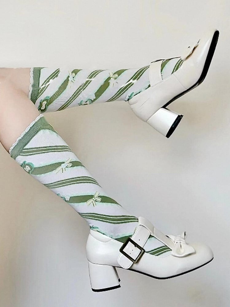 Green Apple Bowknot Print Striped Pattern Lolita Calf Socks