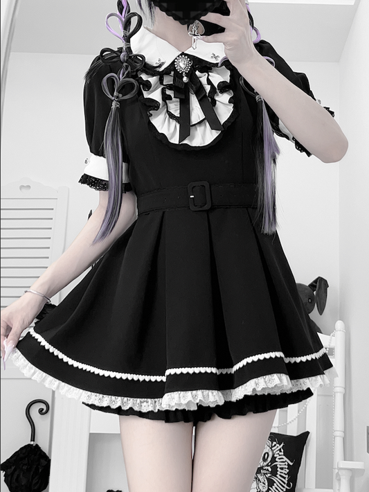 Peter Pan Collar Top with Shorts Black and White Maid Jirai Kei Set