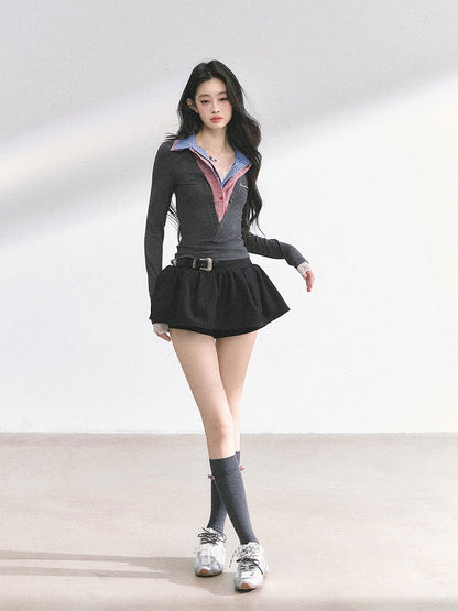 Red Plaid Collar Gray Slim-fitting Top Faux Two-pieces