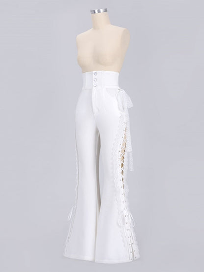 White Boned High Waist Side-Tie Lace Flare Pants