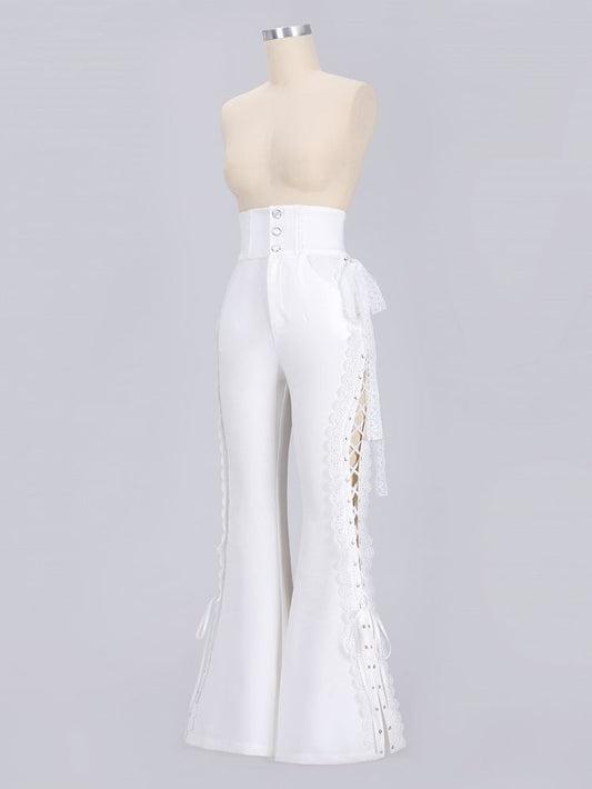 White Boned High Waist Side-Tie Lace Flare Pants