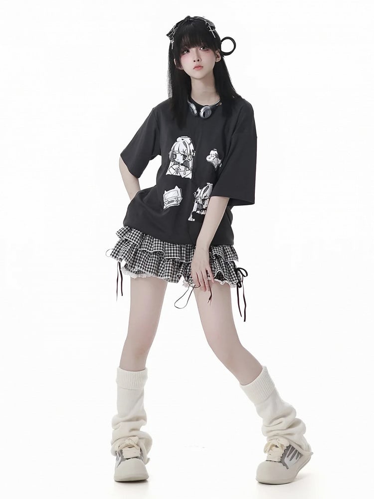 Black/Plaid Elastic Waist Tiered Skirt Bloomers Lining