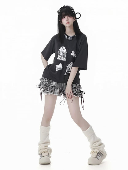 Black/Plaid Elastic Waist Tiered Skirt Bloomers Lining